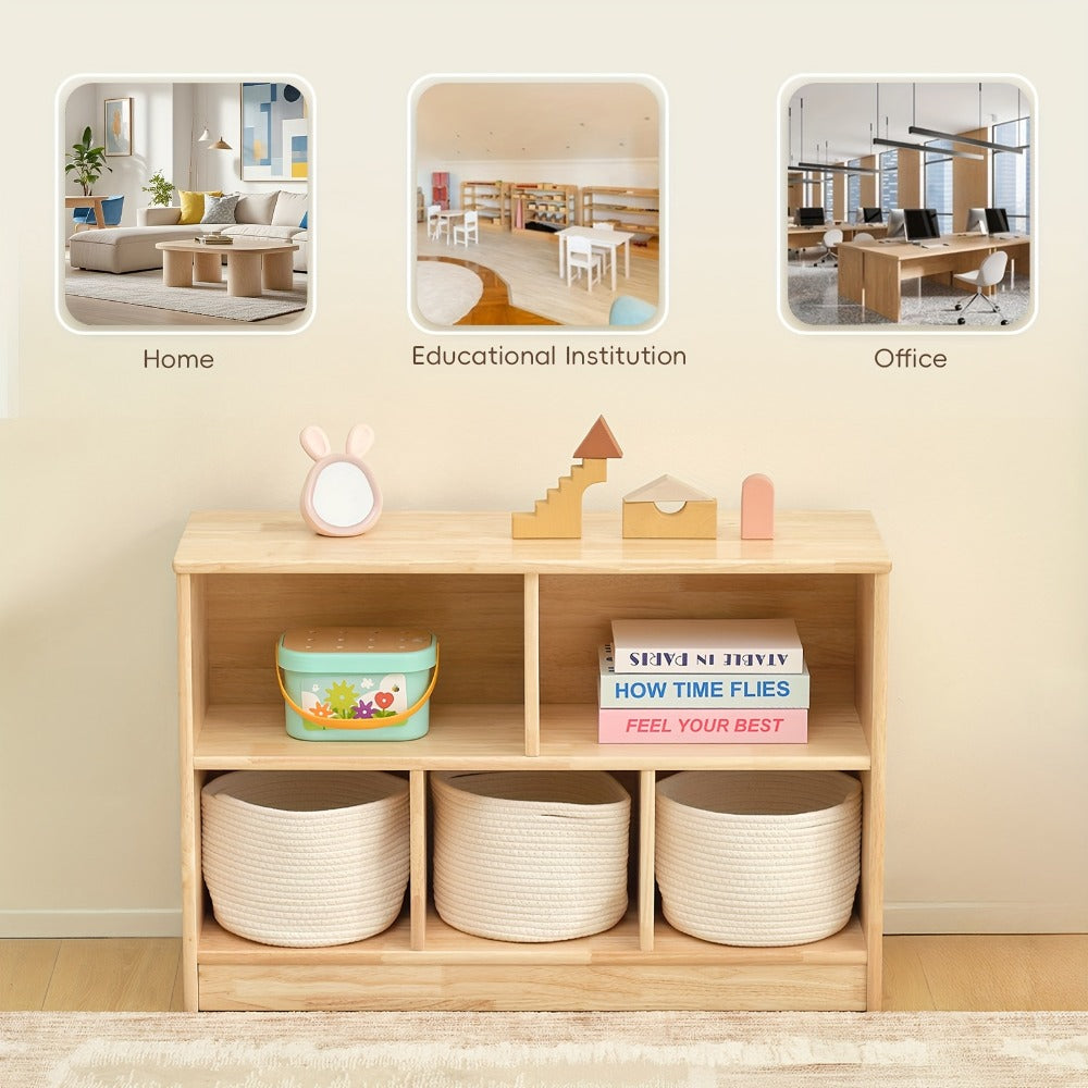 Rubber Wood 5-Compartment Bookshelf 35.4" – 2-Tier Wooden Storage Cabinet for Classroom, Playroom & Preschool | Kids Book Organizer Shelf for Daycare, Bedroom & Living Room | 5-Section Display Rack