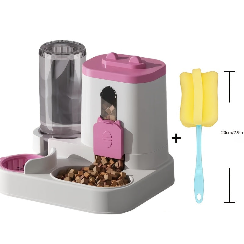 2-in-1 Cat Food and Water Dispenser - Gravity Auto Feeder Bowl Set with Quantitative Feeding, Cute Design for Cats & Small Dogs - Available with Cleaning Brush, 4 Colors