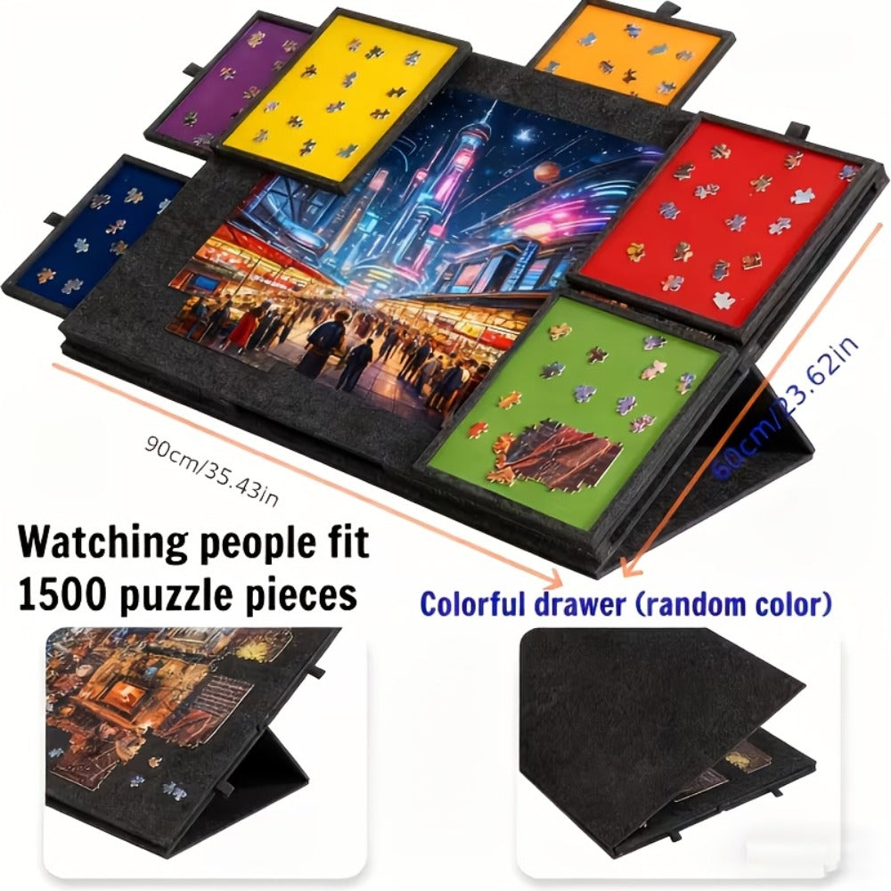 Jigsaw Puzzle Board with 6 Colored Drawers, Dark Gray 1000-Piece Storage Style