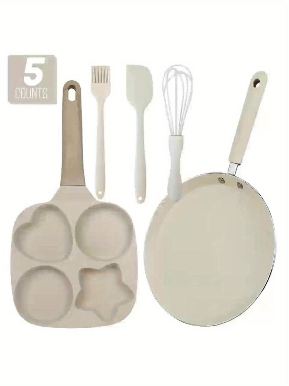 Non-Stick Cookware Set 5-Piece Beige – Pumice Stone Coating Egg Frying Pan Pancake Skillet with Kitchen Utensils | Aluminum Induction Compatible Home Cooking Set for Eggs Pancakes & Breakfast