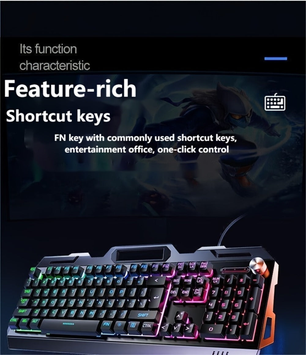 Gaming Keyboard Wired 104 Keys Full Metal Panel – LED Color Backlight, Multimedia Knob, Faux Mechanical Feel, USB, Ergonomic Design with Phone Holder | Keyboard or Keyboard & Mouse Combo