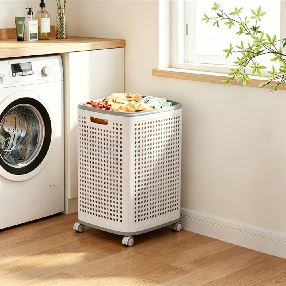 Wheeled Laundry Hamper Large Foldable with Dividers & Dust-Proof Lid – 360° Breathable Mesh Basket on Wheels, Reinforced Steel Base, Portable Clothes Organizer for Bedroom, Bathroom & Dorm