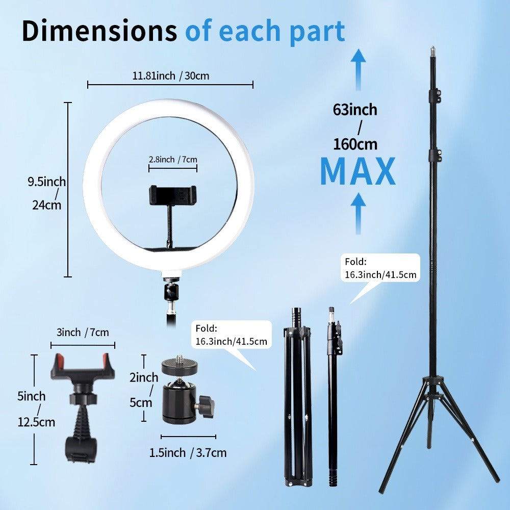 Ring Light 12 Inch Adjustable Brightness RGB with 63 Inch Floor Stand for Photo Selfie Video Recording Zoom Meetings Vlog Live Streaming TikTok YouTube Makeup