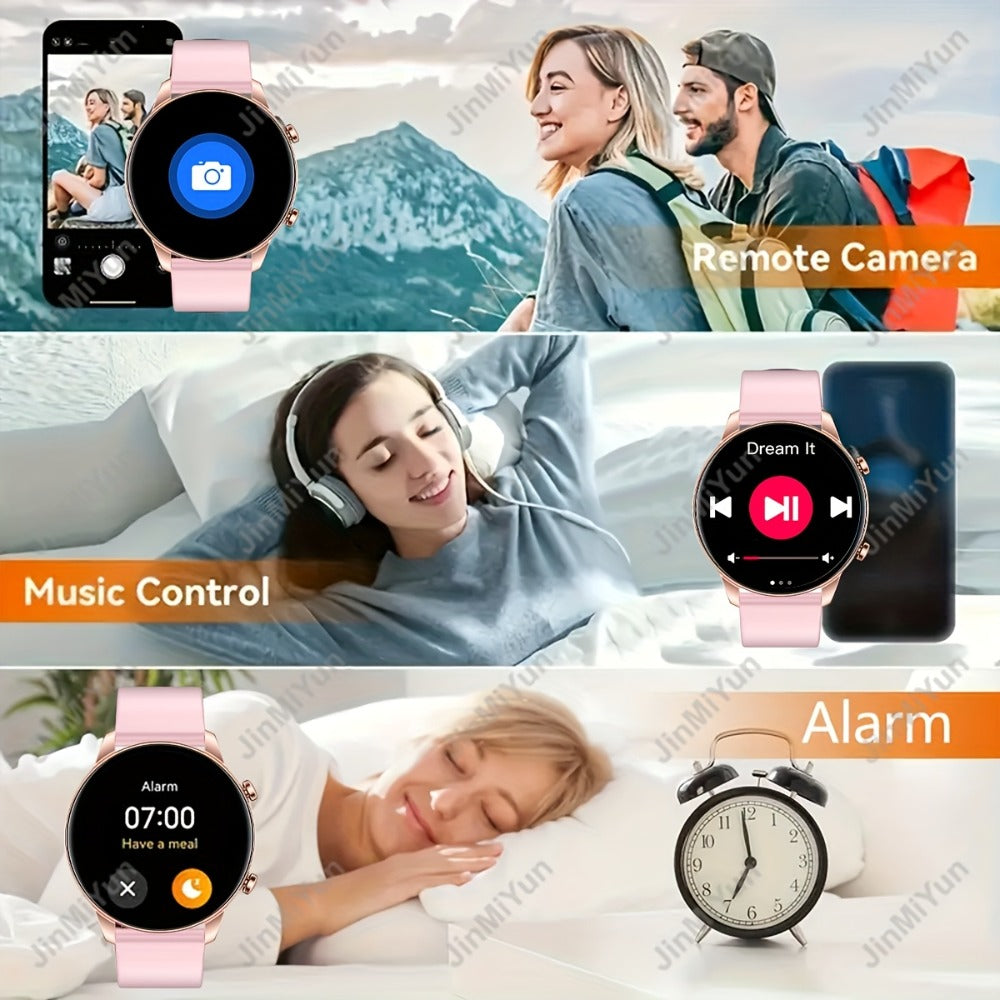 Remote Photo Capture Smartwatch 1.5 Inch Full Touch Screen Wireless Calling Music Playback Multiple Sport Modes Heart Rate Blood Oxygen Sleep Activity Tracker Message Alerts Outdoor Fitness Watch Men Women Black Silver Gold Pink