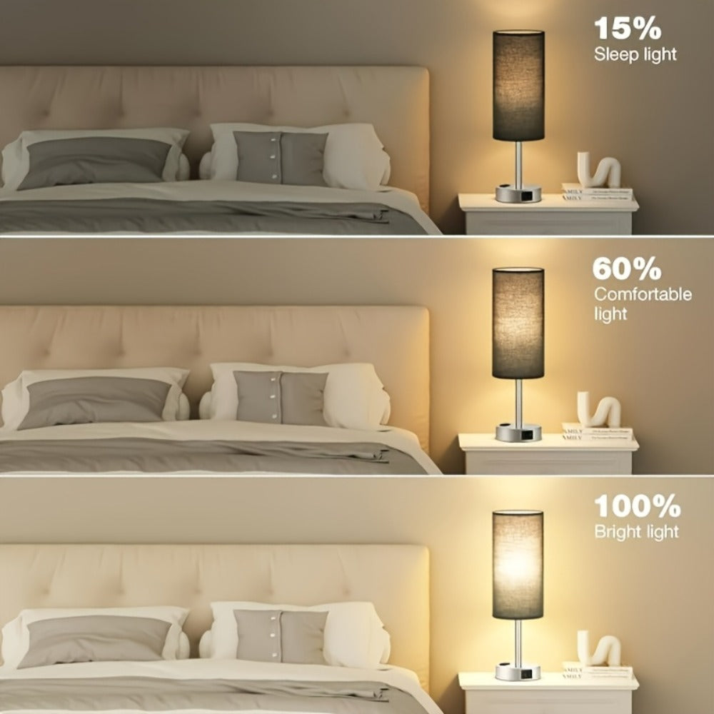 Bedside Table Lamp with USB-C Charging Port – 3-Way Dimmable Touch Lamp, Wood Base Round Burlap Shade, Small Nightstand Desk Light with AC Outlet & A19 LED Bulb Included for Bedroom Living Room Office