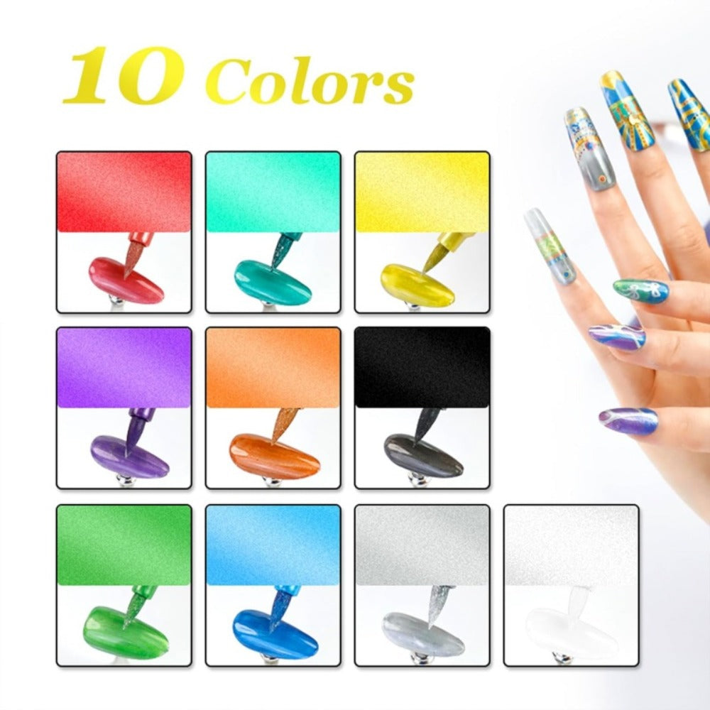 Nail Art Pens Set 10 Metallic Colors with 12pcs Nail Stickers - Dual-Headed 3D Acrylic Polish Markers for Doodle Dot Line Stitching Graffiti Designs, Home Salon Gift for Women Girls