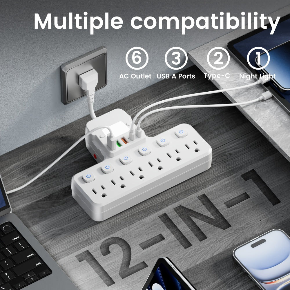Desk Lamp Power Strip 12-in-1 with Adjustable LED Light, 6 AC Outlets & 5 USB Ports (3 USB-A + 2 USB-C), Overload Protection Surge Protector, Multi-Plug Charging Station for Office Home Travel – White & Black