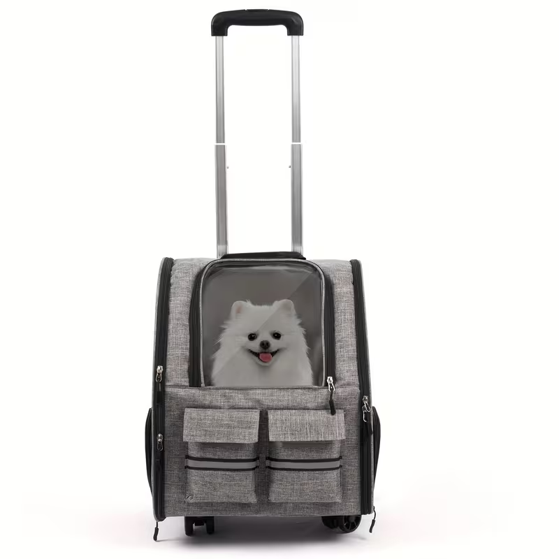 Rolling Pet Carrier with Wheels | 2-in-1 Trolley Cat Carrier Bag, Airline Approved, Telescopic Handle, Detachable Soft-Sided Travel Bag with Shoulder Strap, Zipper Closure & Safety Leash for Cats Dogs