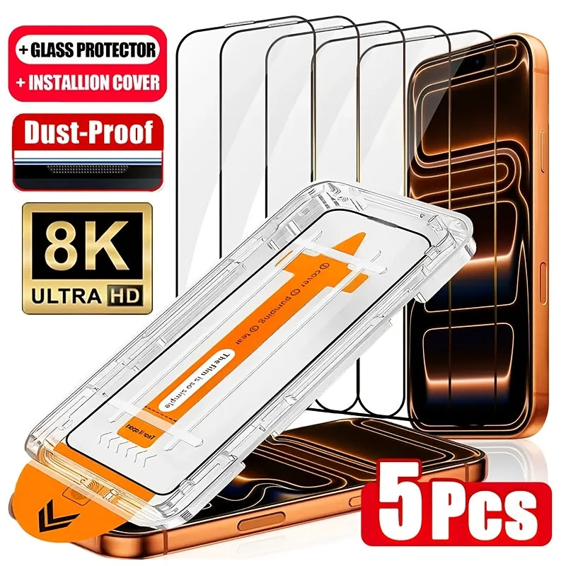 Tempered Glass Screen Protector 5-Pack for iPhone – 9H+ HD Clear, Fingerprint Resistant, Bubble-Free Easy Apply, iPhone 11 12 13 14 15 16 17 Pro Max Plus Air XR X XS Compatible