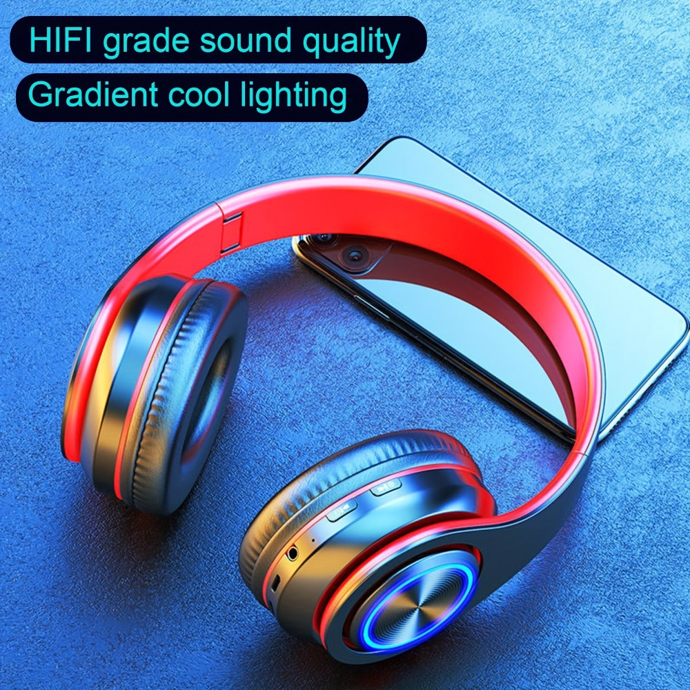 LED Light Over-Ear Wireless Headphones Deep Bass Subwoofer, Active Noise Cancelling Foldable Headset Bluetooth 5.3, Wired & Wireless Dual Mode AUX, USB Rechargeable for Gaming Music Sports