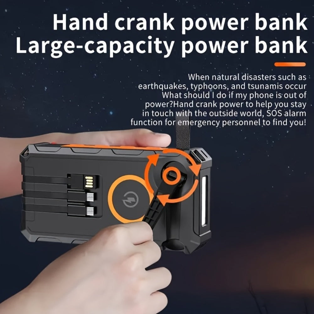 Hand Crank Solar Power Bank 30000mAh Wireless Charging 7 Output Ports 4 Input Options SOS Emergency Light 15W Fast Charge 3 Built-in Cables Camping Hiking Outdoor Survival Orange