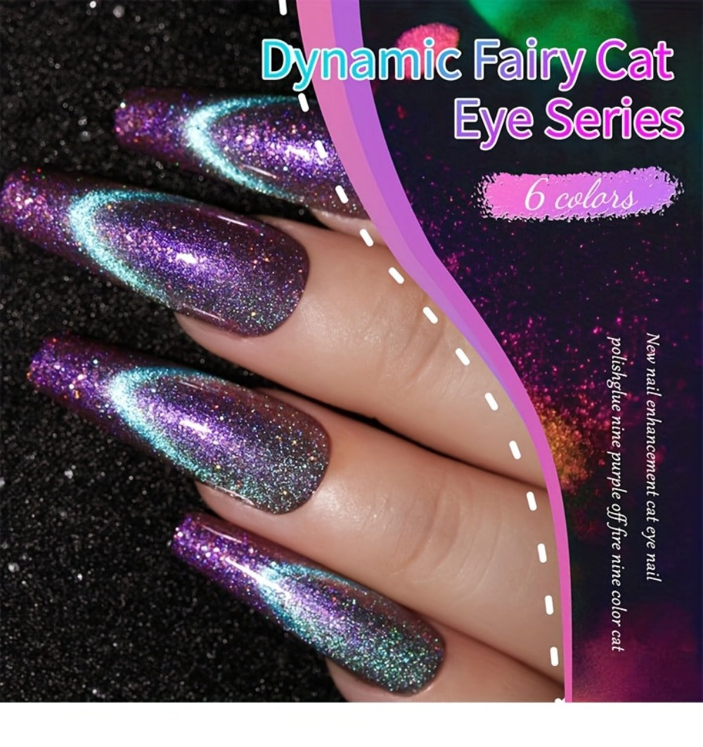 Cat Eye Gel Polish Set 6 Colors Holographic Magnetic — Dynamic Elf Reflective Soak Off UV LED Nail Gel 0.51oz Each | Multidimensional Light-Shifting Sparkle for Salon & Home Nail Art | Long-Lasting Chip-Resistant