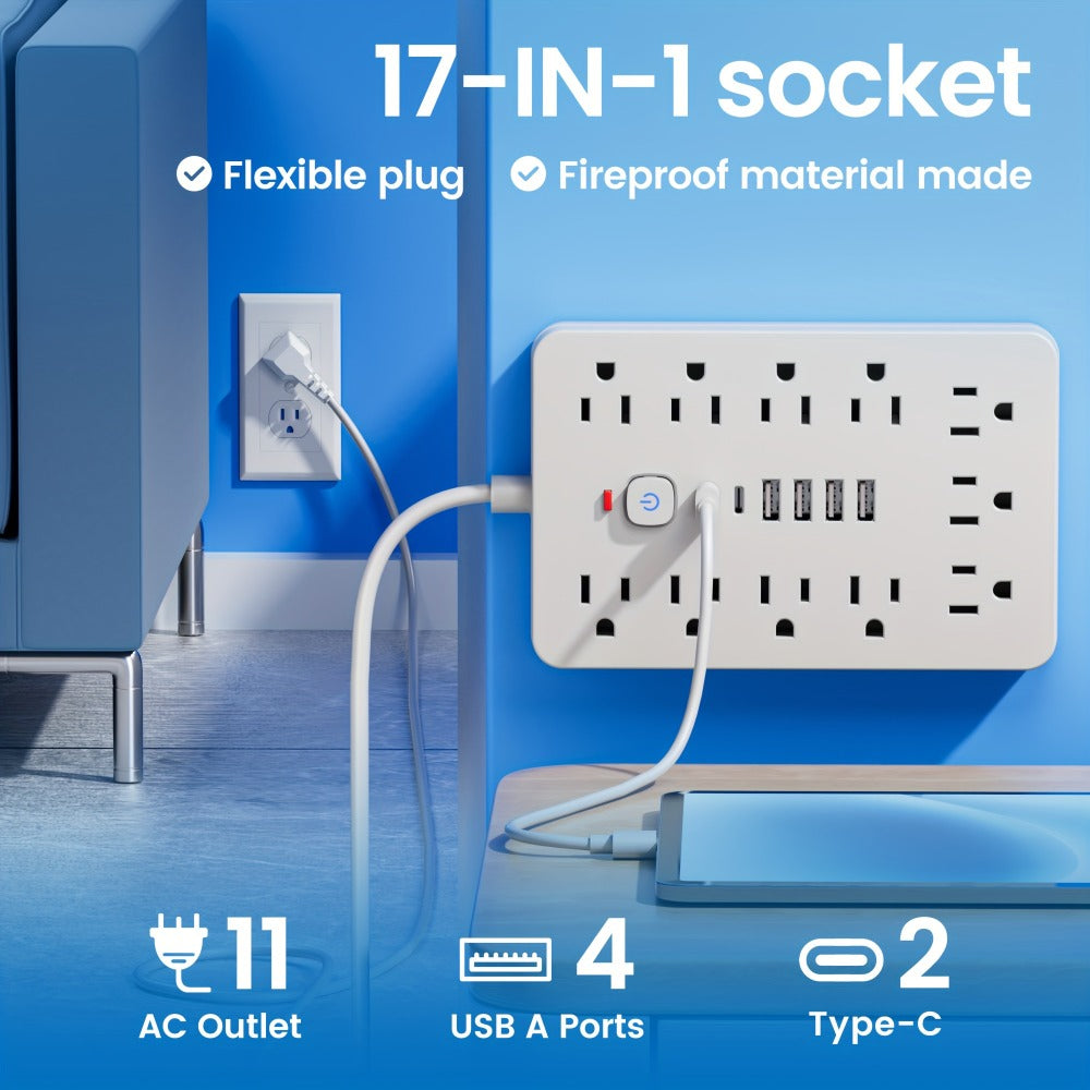 17-in-1 Flat Plug Power Strip with Surge Protector – 11 Spacious AC Outlets & 6 USB Ports (2 USB-C), Overload Protection, Space-Saving Design for Home Office Desk Dorm
