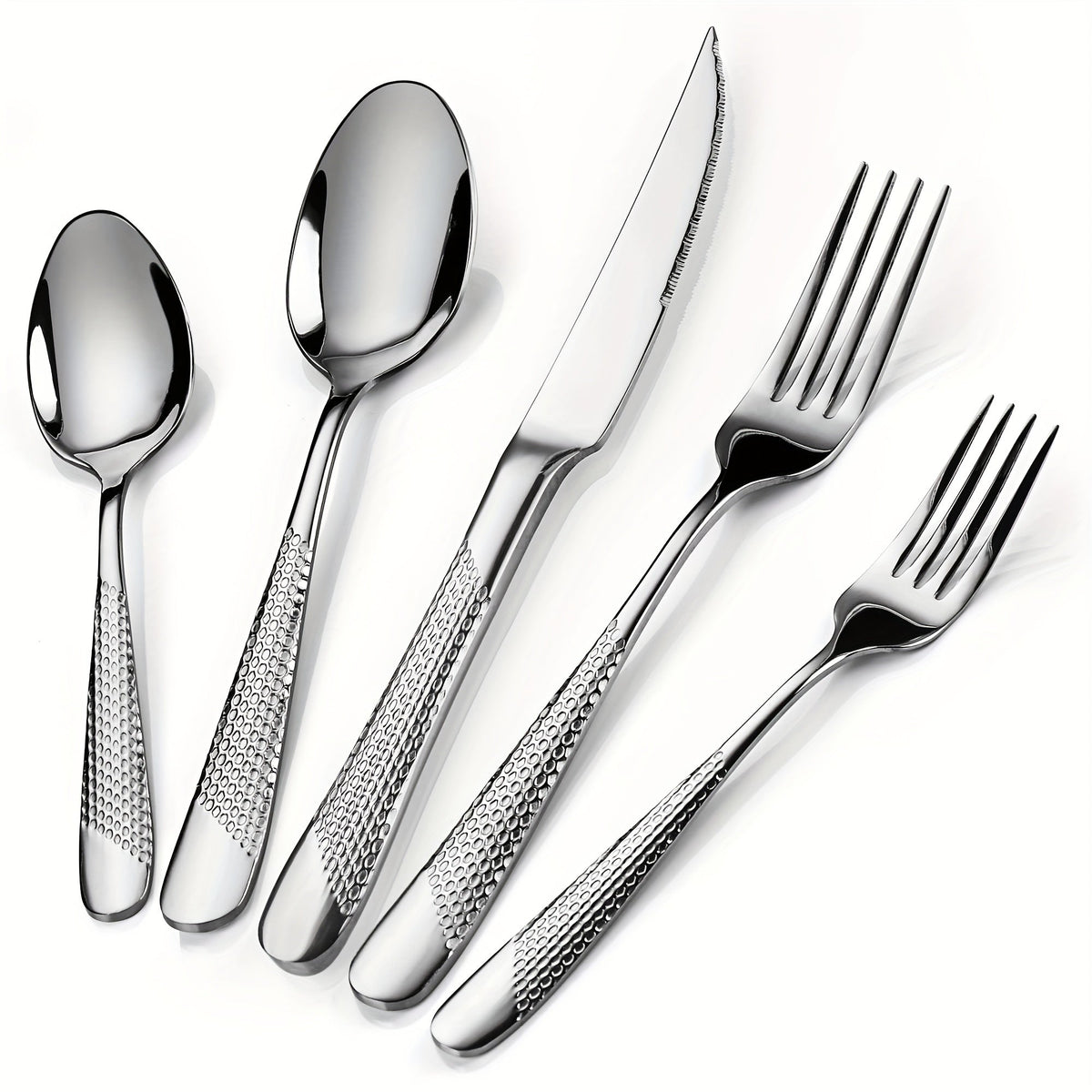 Stainless Steel Flatware Set 40/48 Piece – 304 Silverware Set for 8 Hammered Mirror Polished Rose Gold Cutlery with 2-in-1 Serrated Knife Dishwasher Safe Modern Utensils for Home Restaurant Wedding