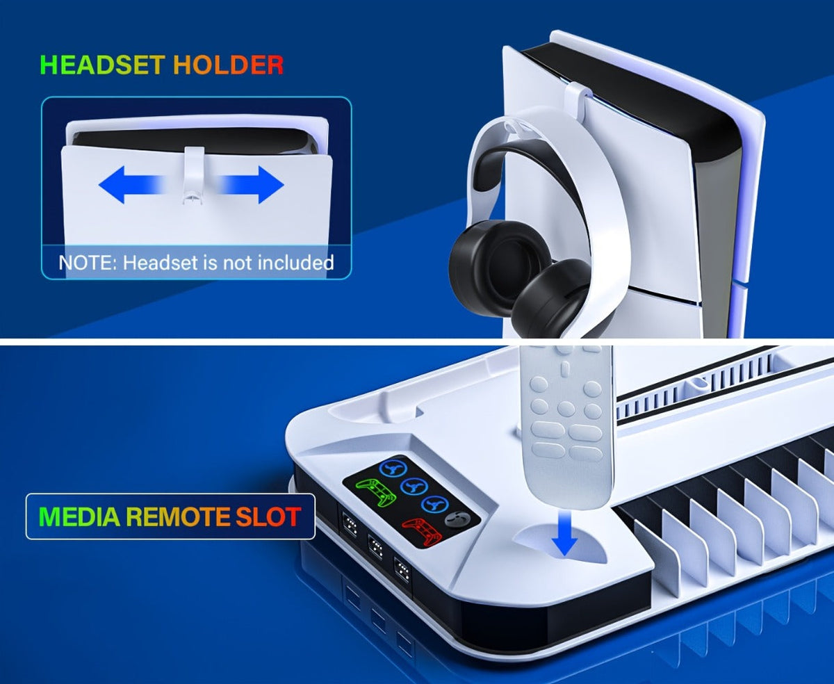 PS5 Pro Slim Cooling Station with Controller Charging Station for PS5/Slim/Pro Standard & Disc/Digital Console, Stand Cooler Accessories with Cooling Fan, 3 USB Hubs, Headset Holder & Screw Included