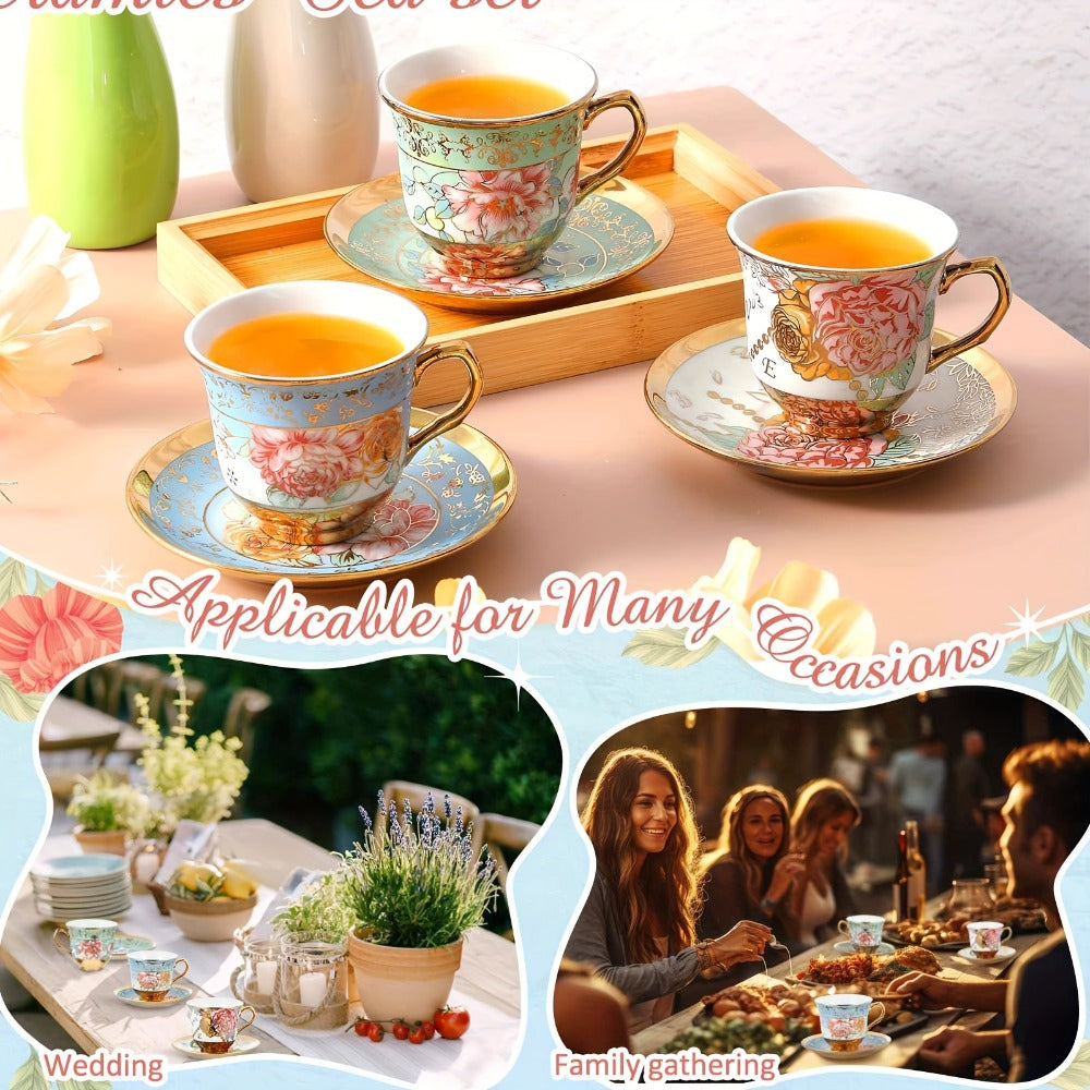 Floral Porcelain Tea Cups and Saucers Set of 12 – 5.4 Oz British Style Tea Party Cups – Classic Elegant Gift for Women – Perfect for Birthday, Mother's Day, Church & Tea Parties