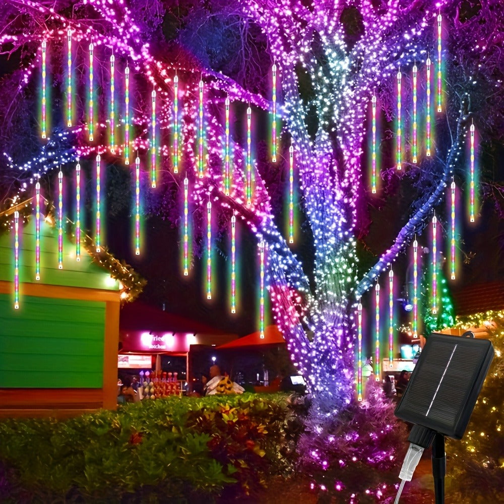 Solar Meteor Shower String Lights 192 LED Flower Theme - Outdoor Hanging Tree Lights Touch Control Warm Multi Color Blue for Garden Courtyard Christmas Halloween 4th of July Wedding Decoration