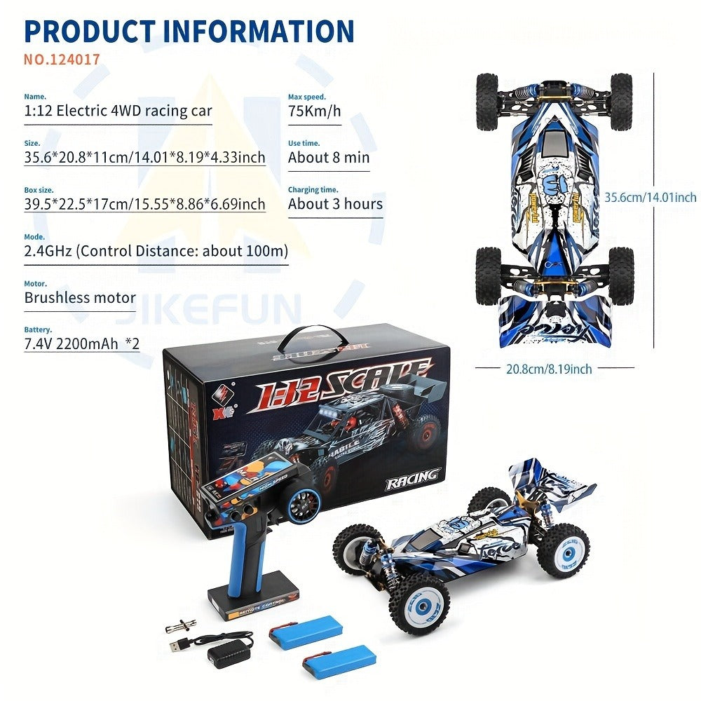 Wltoys 124017 Brushless 4WD RC Car, 75 KM/H Off-Road Drift Racer with 2 Batteries