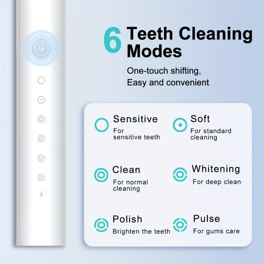 Rechargeable Electric Toothbrush with 6 Cleaning Modes & Smart Timer – USB Sonic Toothbrush for Adults, Replacement Heads Included, 3 Colors, Whitens Teeth & Protects Gums, Great Family Gift