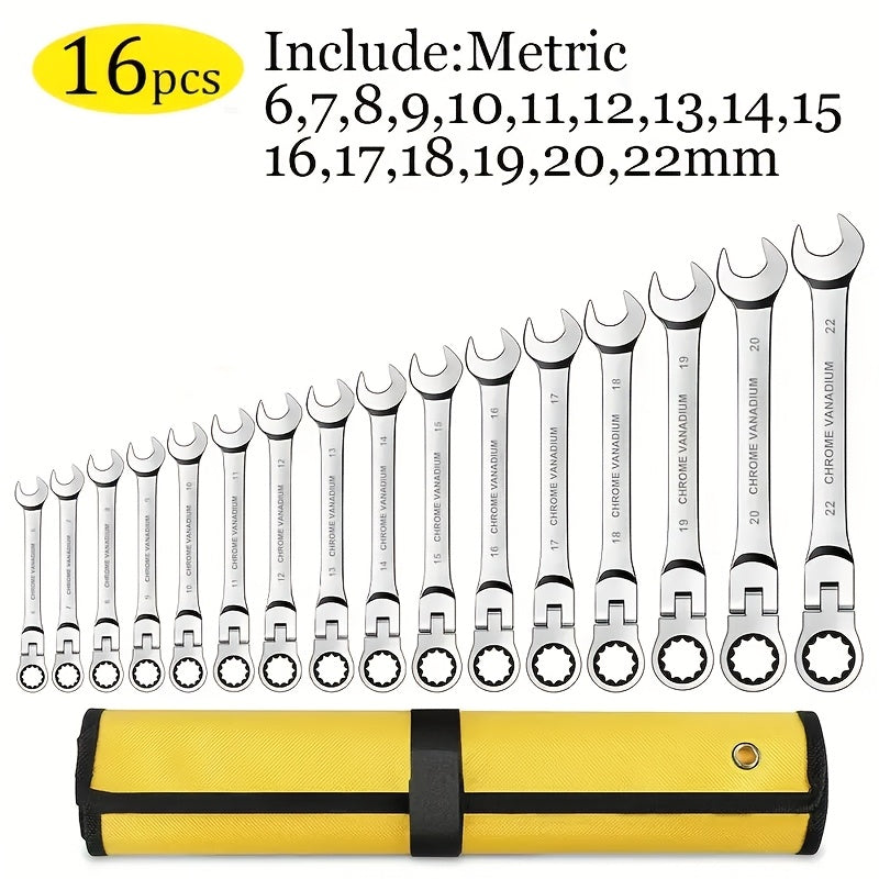 Ratcheting Wrench Set 16pcs Flex Head 180°, Metric 6-22mm CR-V Steel Combination Wrench Kit with 72-Tooth Ratchet & Organizer Bag, Professional Flex Head Ratchet Wrench for Auto & Home Repair