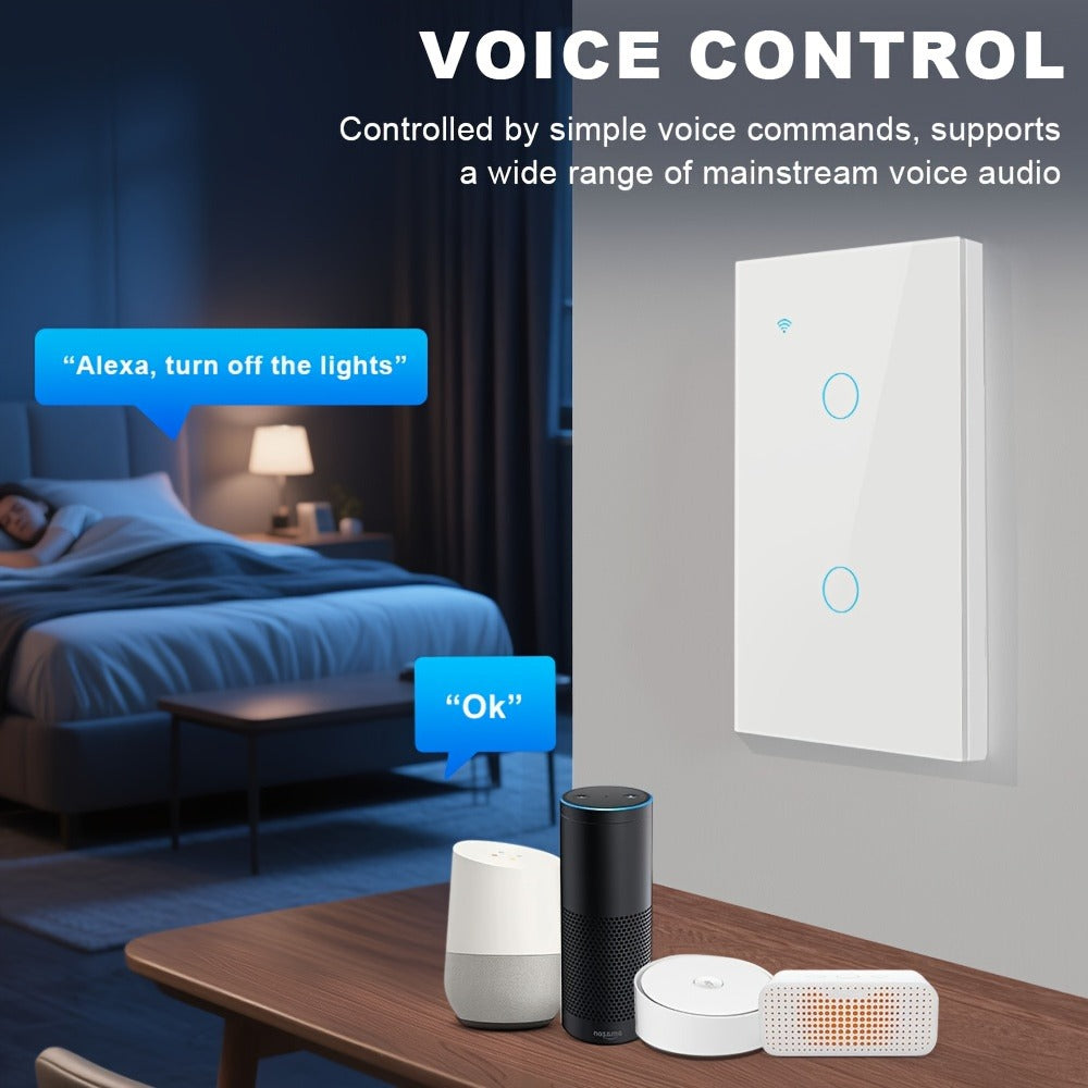 White Glass WiFi Bluetooth Touch Screen Smart Switch 1/2/3/4 Gang – Scratch-Resistant, Works with Alexa & Google Home, Tuya App, Smart Scenes, Timer, Share Function, 600W/Gang, Neutral Required