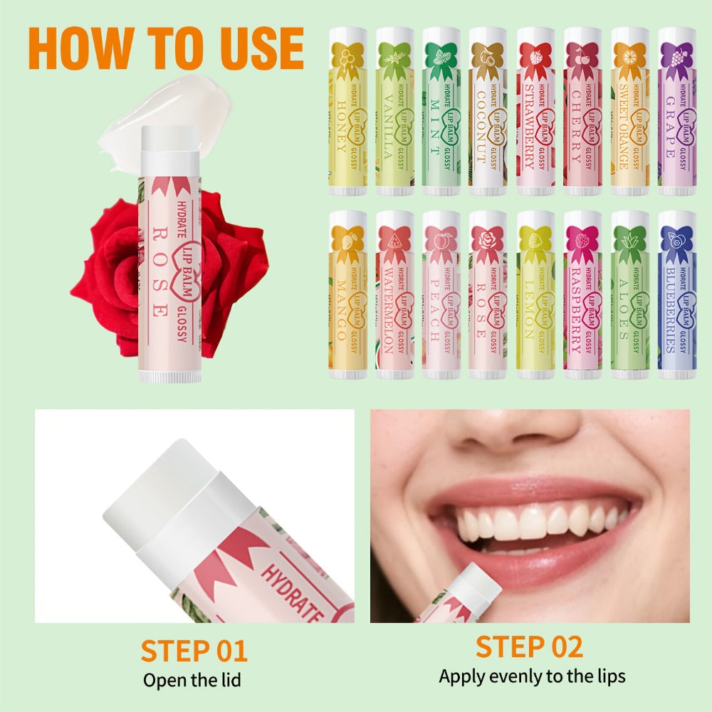 Flavored Lip Balm Set 16 Pack – Assorted Scented Moisturizing Lip Balms for Long-Lasting Hydration & Natural Shine | Bulk Lip Care Kit for Dry Lips | Gift Set for Women, Girls & Teens, All Skin Types