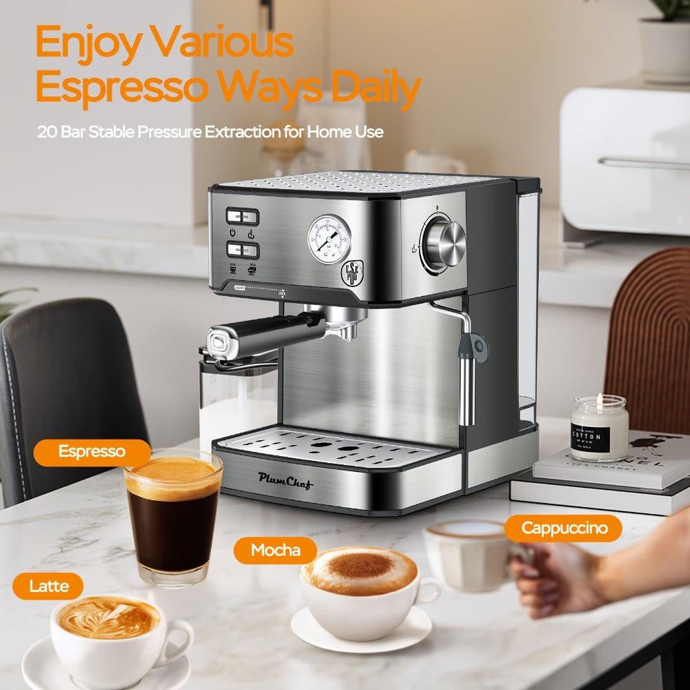 20 Bar Espresso Machine 950W – Stainless Steel Espresso & Cappuccino Latte Maker with Steam Wand Milk Frother, 49.03oz Water Tank, ESE Pod Filter, Home Barista Coffee Machine – Black, Pressure Gauge