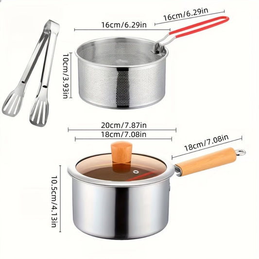 Stainless Steel Deep Fryer Set with Nonstick Pot, Rack, Glass Lid & Tongs, 4-Piece