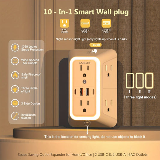 Wall Outlet Splitter with 6 AC Outlets, 2 USB-A & 2 USB-C, Optional Sensor Night Light