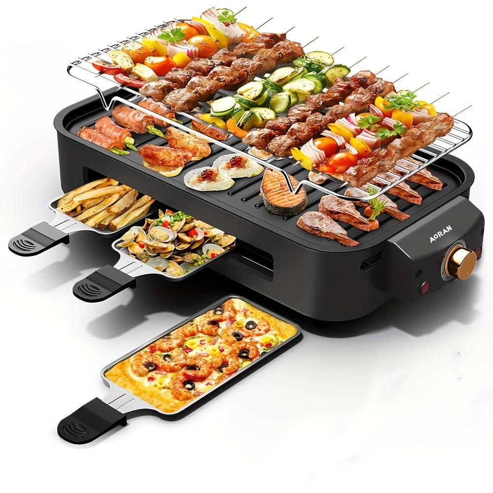Electric BBQ Grill Indoor – 1500W Smokeless Tabletop Grill with Removable Frying Pan, Waffle Maker & Non-Stick Stainless Steel Plates, Adjustable Temperature, Perfect Christmas Housewarming Gift