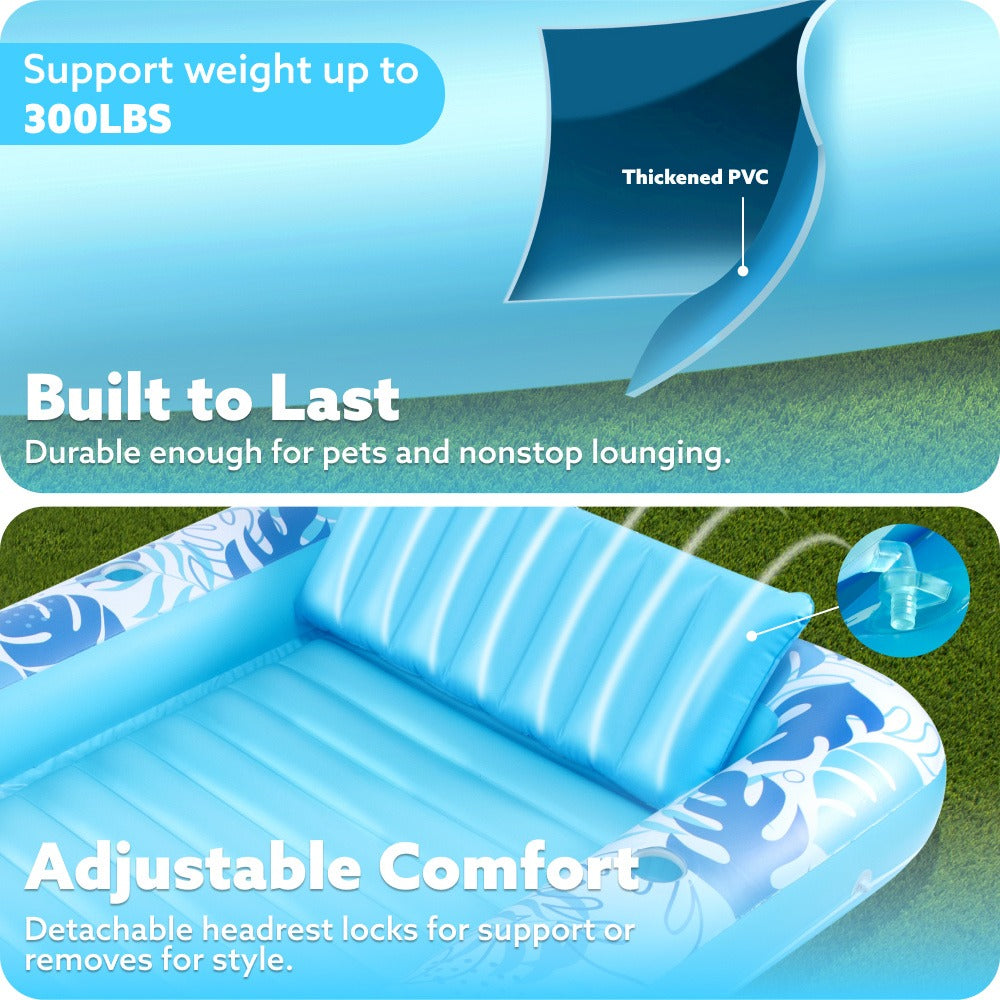 XL Inflatable Tanning Pool Float 85x57 Inch – 4-in-1 Suntan Tub Raft with Built-In Pillow, Sunbathing Bed Lounge & Ball Pit for Adults | Oversized Floating Mattress for Pool Lake Beach, Blue