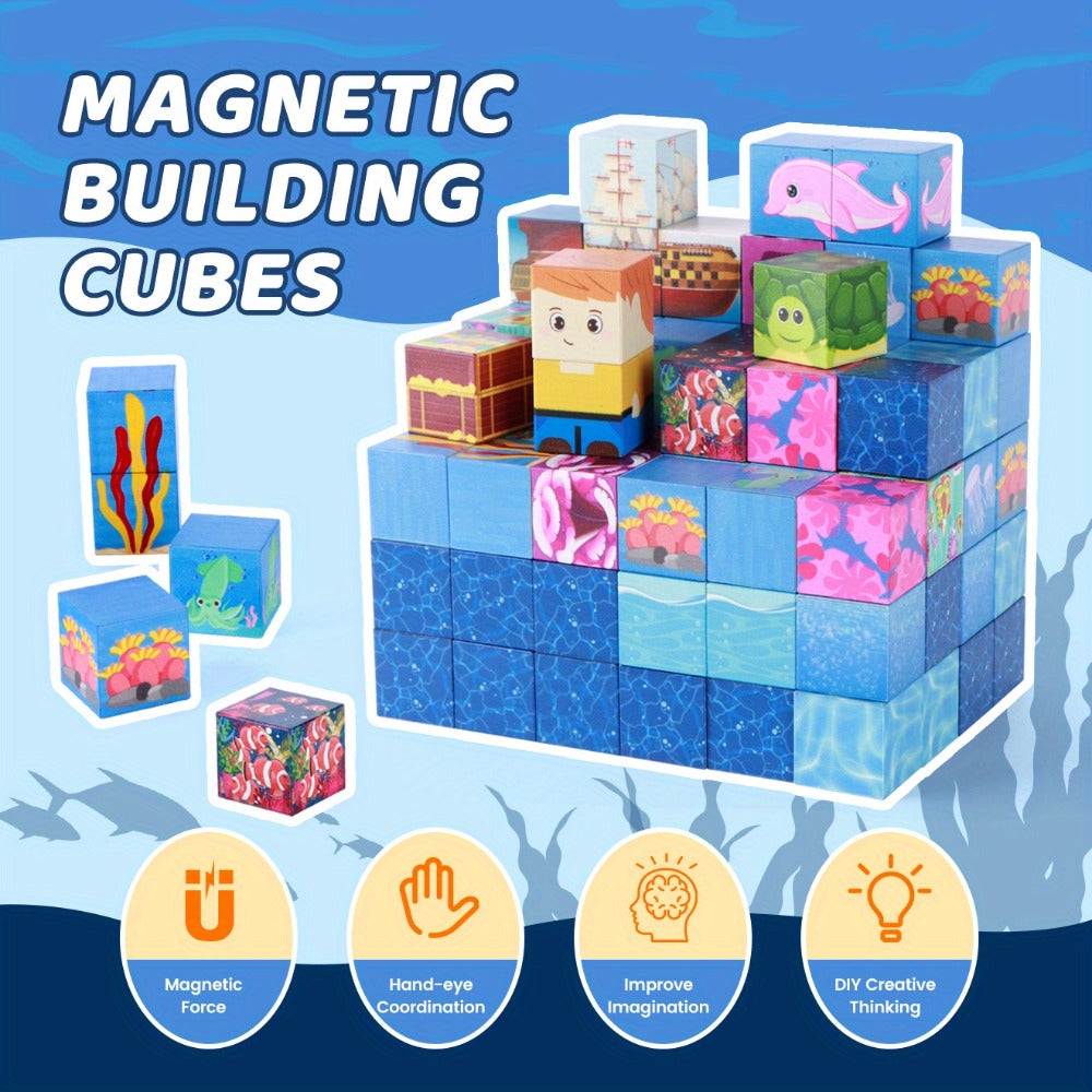 Ocean Adventure Magnetic Building Blocks, 54 or 100 Pieces, 3D Sea Theme Magnet Tiles for Ages 3+