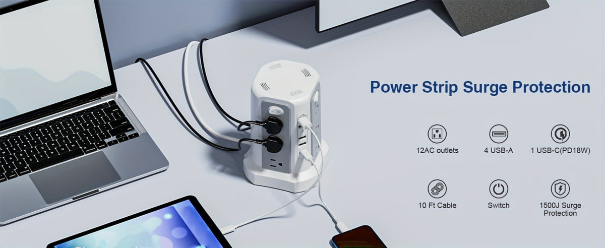 Power Strip Tower Angled Flat Plug 17-in-1 with 12 AC Outlets 4 USB-A 1 USB-C PD 18W 4 Independent Switches 1500J Surge Protector Desktop Extension Cord for Home Office Dorm Room – Black & White