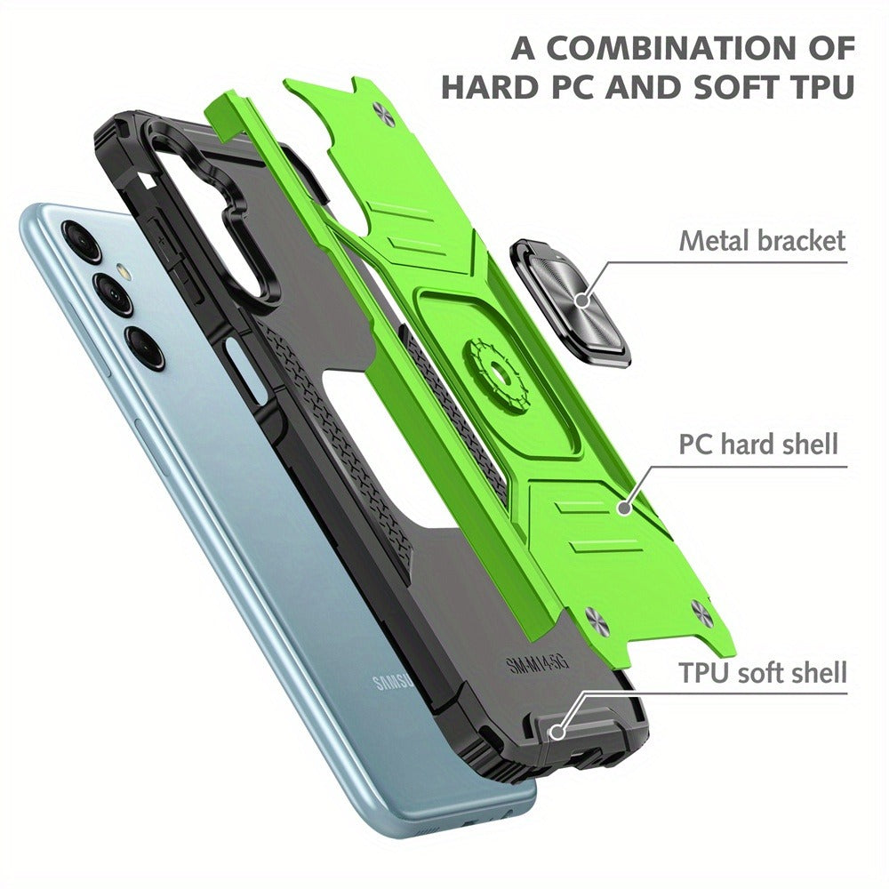 Ring Kickstand Samsung Galaxy A15 5G Case – 360° Rotating Stand Hybrid Armor Shockproof Rugged Cover with Magnetic Car Mount Plate, Dual Layer Hard PC TPU Bumper, Anti-Slip Grip – Black Blue Green Red Rose Gold