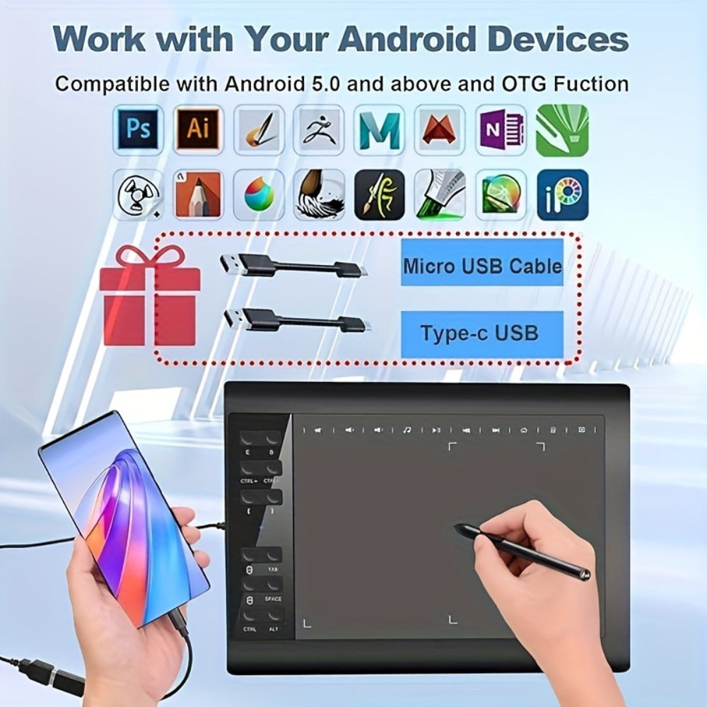 Graphics Drawing Tablet 10x6 Inch, 8192 Levels Pressure Sensitivity Battery-Free Stylus, 12 Programmable Shortcut Keys, 30 Replacement Tips, Tilt Support, Compatible with PC Mac Android – Digital Art, Illustration & Online Teaching