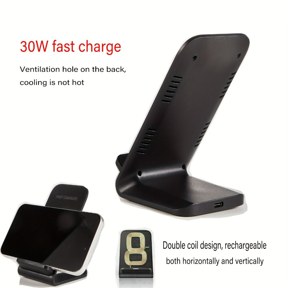 30W Ultra-Fast Wireless Charger Stand Dual Coil Smart Auto-Adjust 5W-30W for iPhone 17 16 15 14 13 12 11 Pro Max, Samsung Galaxy S24 S23 S22 S21 S20 S10, Google Pixel, Huawei, Xiaomi & All Qi Android – USB-C Black