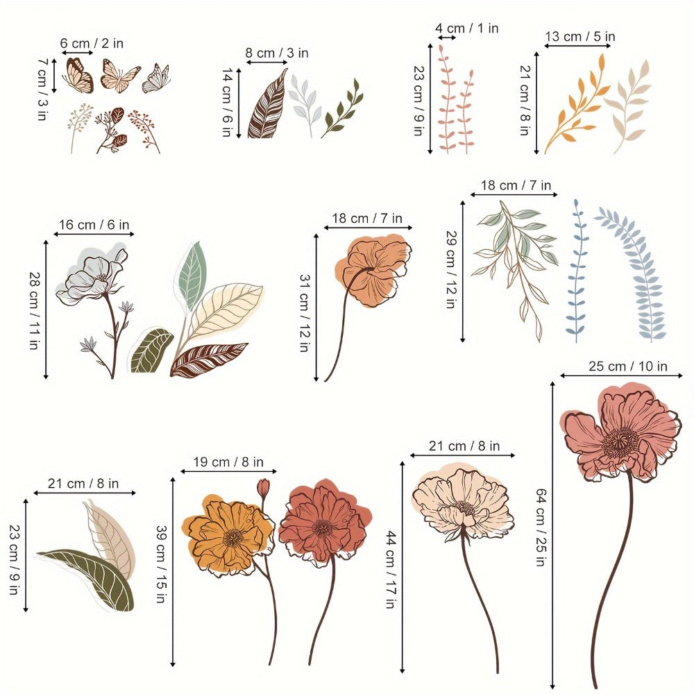 Bohemian Flower Wall Stickers Self-Adhesive Peel and Stick - Wildflowers & Fruits Wall Art Decals for Living Room Bedroom TV Background - Removable Matte Boho Floral Wall Decoration Sticker