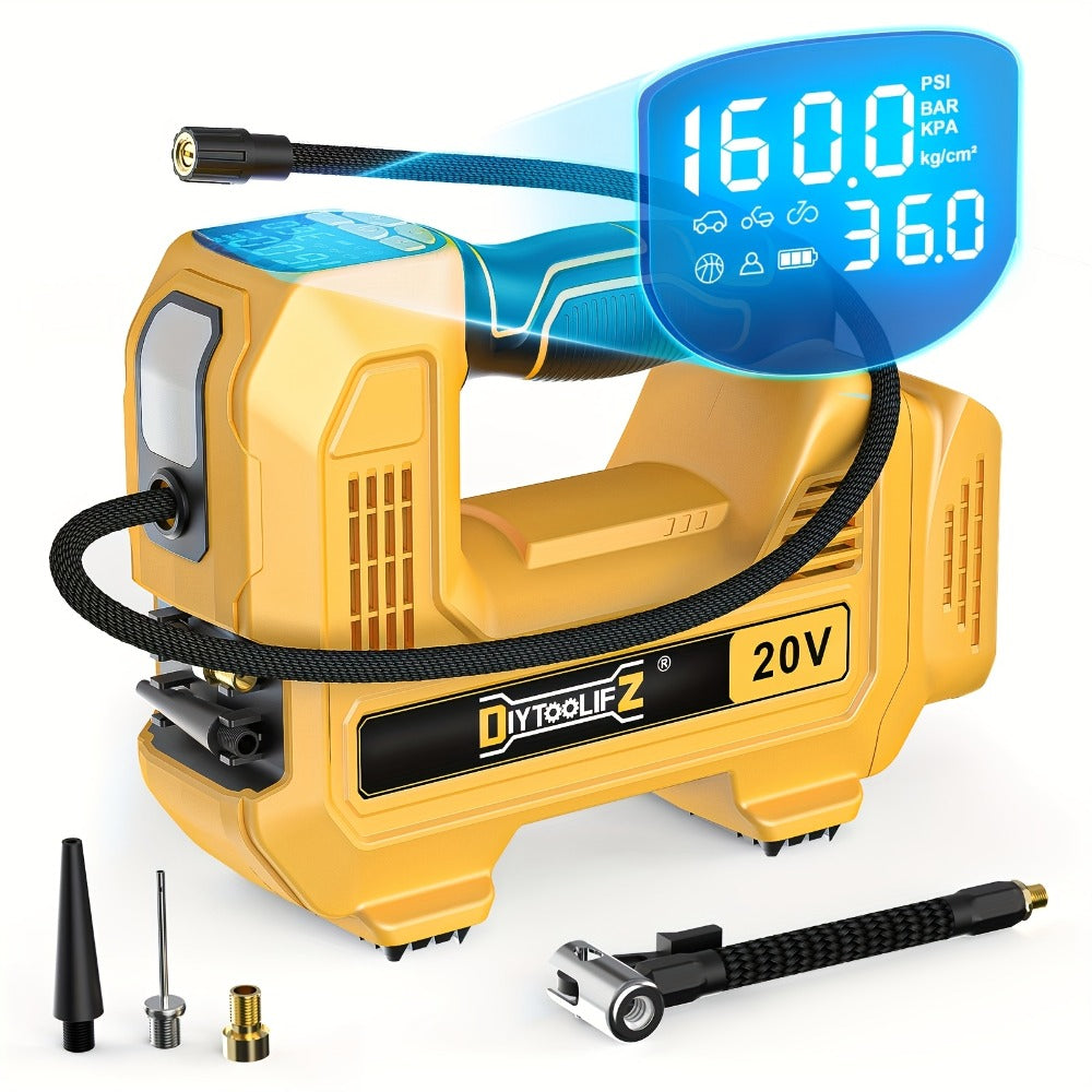 Cordless Tire Inflator 160PSI Portable Air Compressor Compatible with DeWalt 20V / 18V Battery – Digital Pressure Gauge, Fast Inflation for Cars, Motorcycles, Bicycles & Sports Balls (Battery Not Included)
