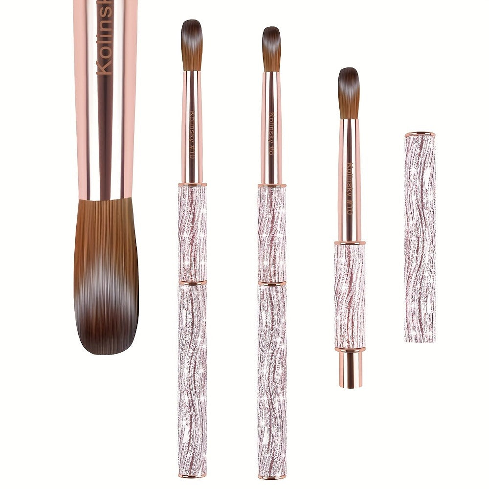 Kolinsky Nail Brush Pink Sparkling Metal Handle – Round Head Acrylic Nail Art Brush for Extensions & Manicure, Sizes #8 #10 #12 & 3-Piece Set, Genuine Kolinsky Hair Bristles for Salon & Home Professional Use