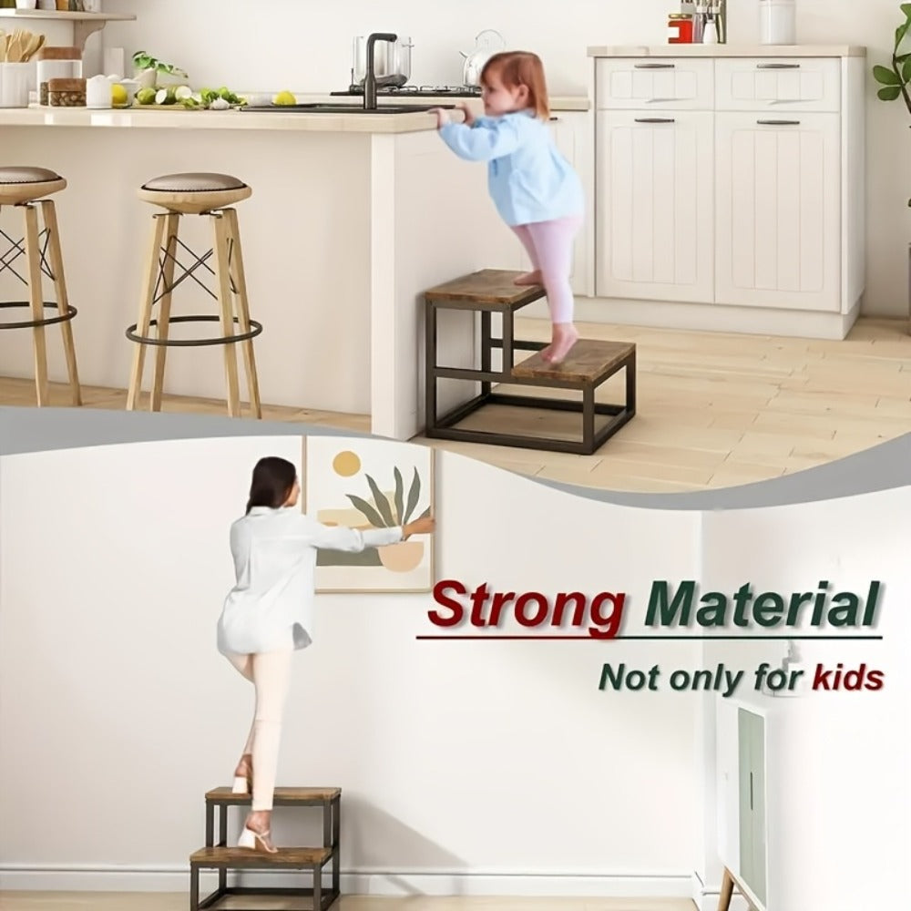 2-Step Wooden Step Stool Heavy Duty for Adults – Solid Wood Two Tier Stepping Stool, Multifunctional Bedside Step Ladder, Portable Non-Slip Foot Stool for Bathroom, Bedroom, Kitchen, Office – Easy to Carry, Durable Build
