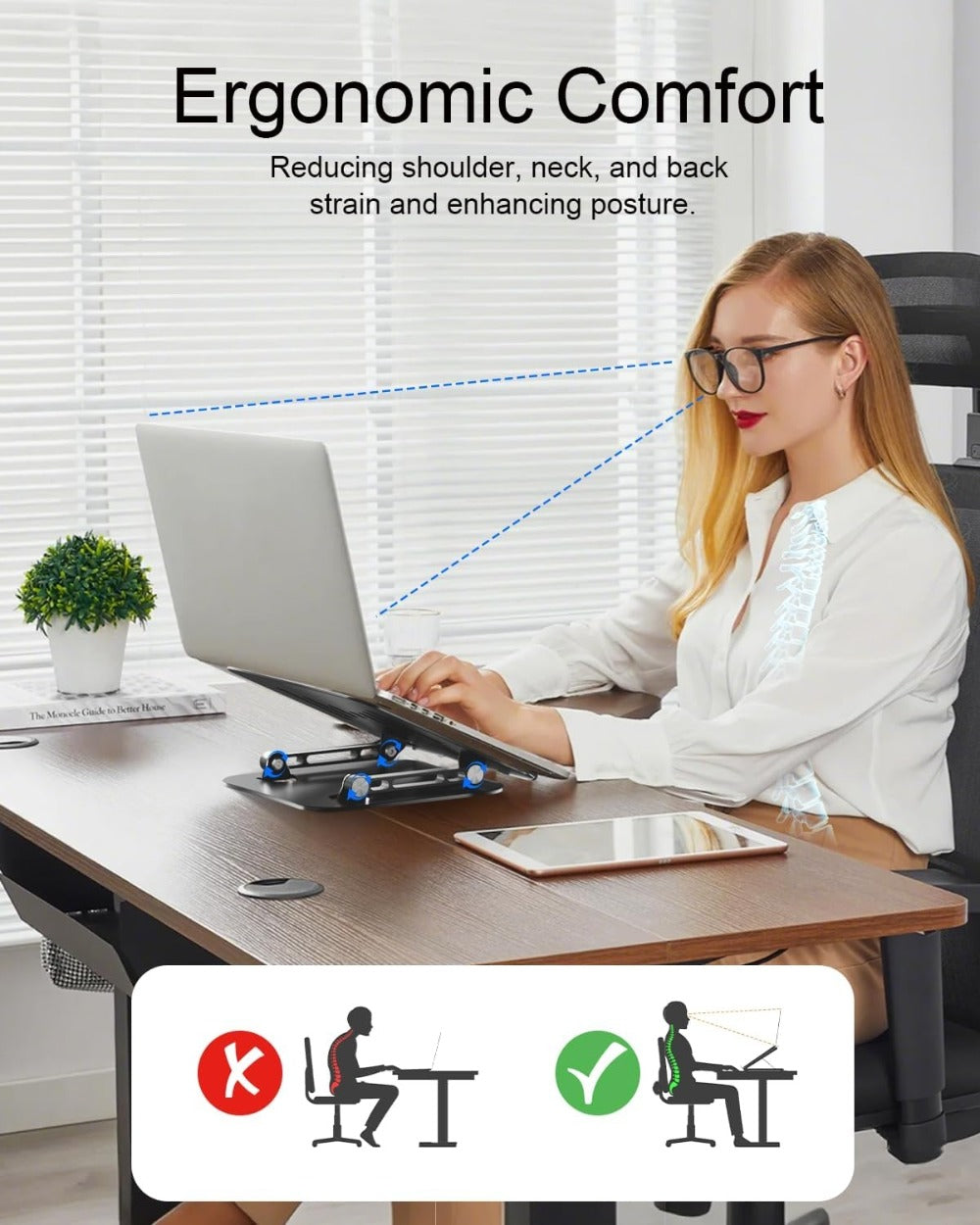 2-in-1 Laptop Stand with Phone Holder, Ergonomic Adjustable Computer Stand with Heat Dissipation, Foldable Desk Riser for 10-16 Inch Laptops, Home Office Use