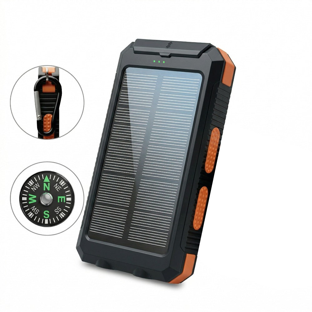 Solar Power Bank 20000mAh Portable Charger for Camping Hiking Outdoor Survival – Dual USB LED Flashlight Compass Emergency Battery Pack for iPhone Android – Black Orange