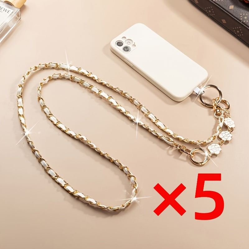Crossbody Phone Strap Long Chain Pearl Camellia Metal Charm Elegant Lanyard for Women Girls – Clip-On Universal Fit iPhone Samsung Black White 2-5pcs Gift Set