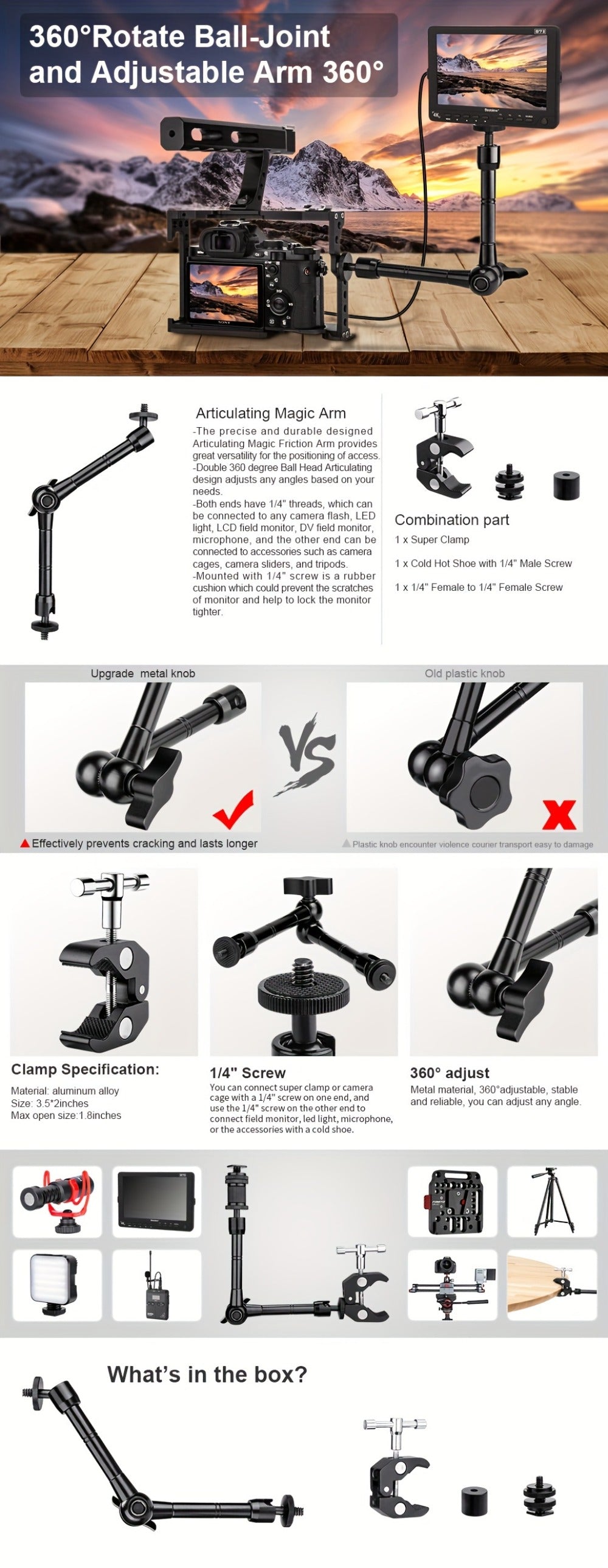 Magic Arm 11 Inch Friction Articulating with Super Clamp – Camera Arm for DSLR, LCD Monitor, LED Light, Photo Studio, Streaming & Outdoor Camping Fishing Mount