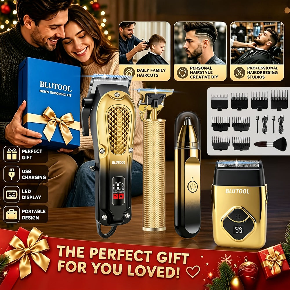 4-in-1 Cordless Grooming Kit for Men – Hair Clipper, Beard Trimmer, Electric Shaver & Nose Trimmer, Rechargeable Professional Hair Cutting System, Multiple Styles & Colors, Gift for Men