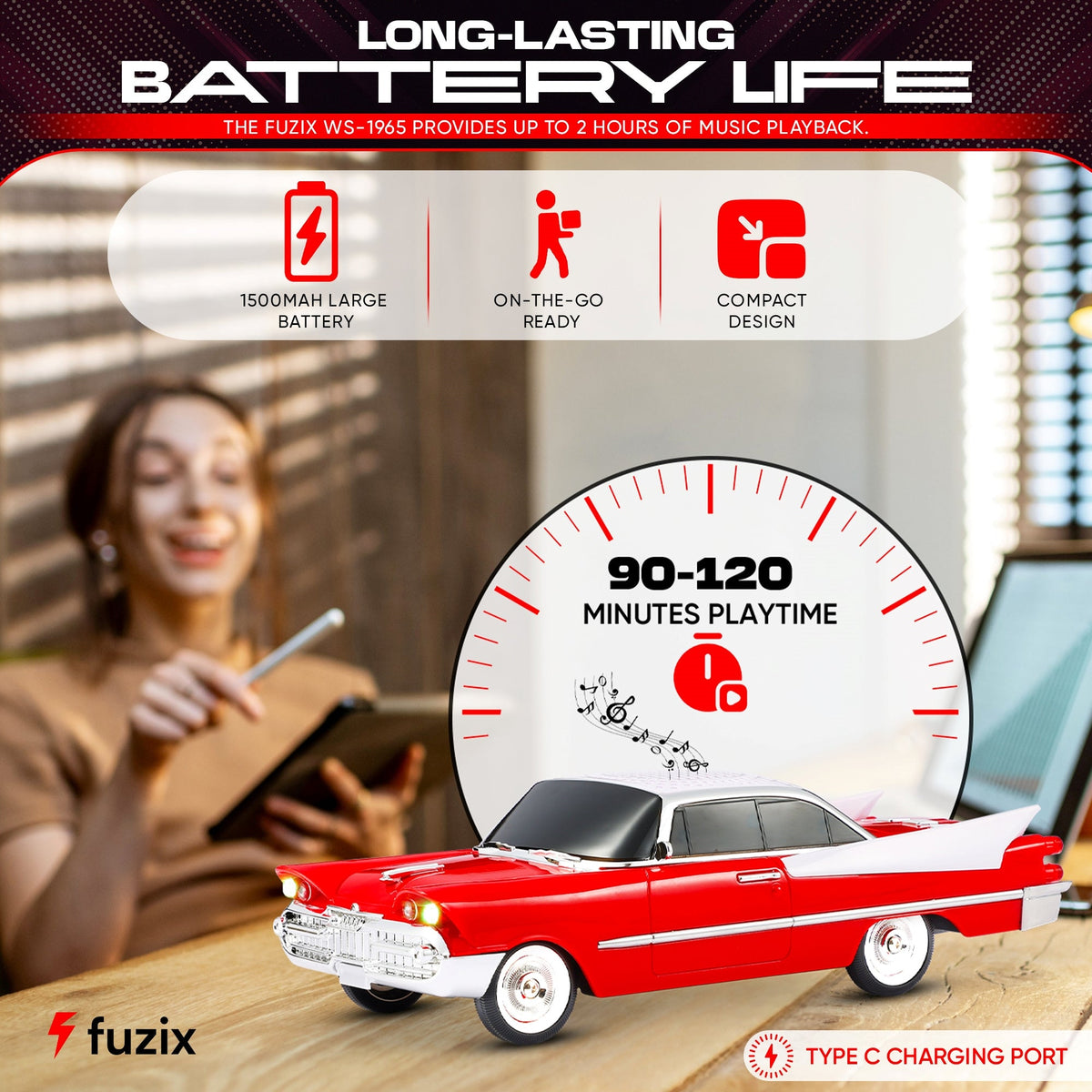 Retro Car Bluetooth Speaker with LED Headlights & Taillights, Fuzix WS-1965 Wireless Portable Stereo Speaker, AUX/USB/TF/FM Radio, Built-in Mic, Rechargeable Battery, Gift for Car Enthusiasts