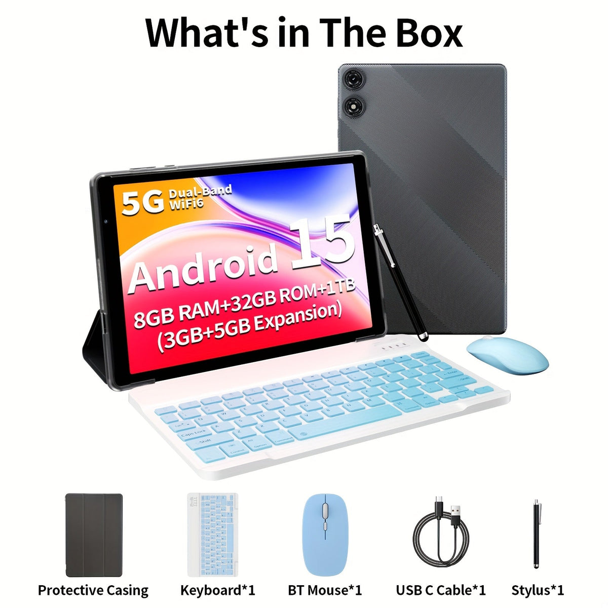 2-in-1 Tablet 10.1 Inch Android 15 8GB RAM 32GB ROM 1TB Expandable 6000mAh Battery WiFi Dual Camera with Optional Keyboard Mouse Protective Case & Stylus Pen – Gray