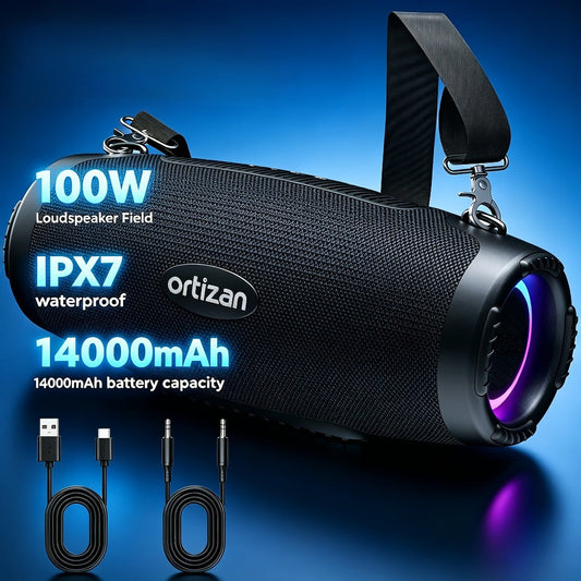 100W Portable Bluetooth Boombox Speaker IPX7 Waterproof with Deep Bass Subwoofer, 12H Playtime, EQ, USB Playback & LED Lights for Outdoor Party, Camping, Beach — Great Gift for Men & Women