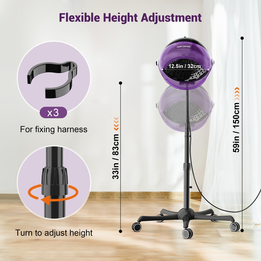 Ionic Floor-Standing Hooded Hair Dryer 1875W — Adjustable Height Professional Salon Hood Dryer for Deep Conditioning, Natural Hair, Roller Sets & Color Processing, 4 Colors