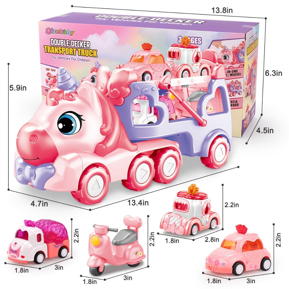 Pink Toy Car Carrier Truck with 4 Mini Cars, Music and Lights